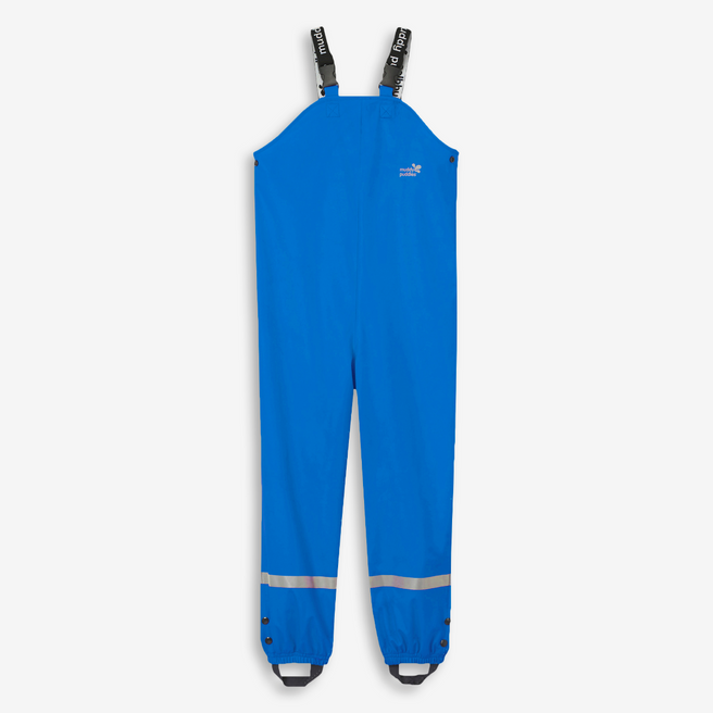 Rainy Day Waterproof Dungarees Blue. Blue waterproof dungarees with reflective stripes on the ankles and black adjustable straps.